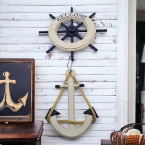 Welcome Ships Wheel with Anchor Wall Decor Nautical Distressed Wooden Rope NWOT